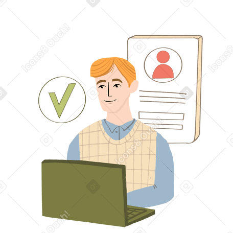Blond man sitting behind computer and looking at job application PNG, SVG