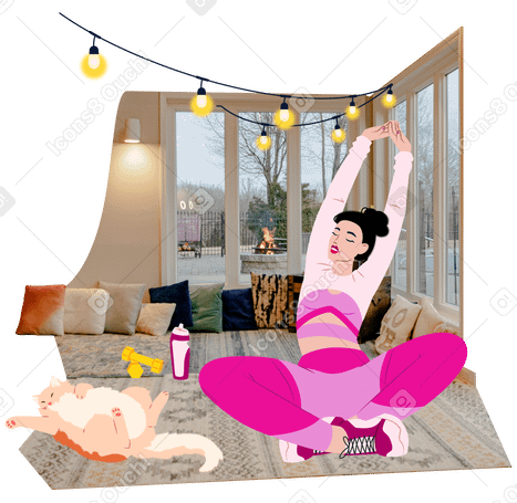 Mujer joven haciendo yoga en casa PNG, SVG