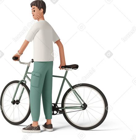 3D three-quarter view of young man standing with bike Illustration in PNG, SVG