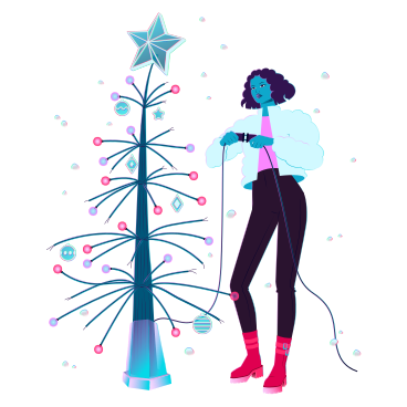 Young woman decorates a cyber Christmas tree PNG, SVG