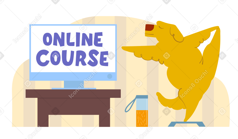 Texto do curso online no computador e o cachorro está fazendo um exercício PNG, SVG