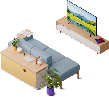 Isometric view of sofa tv set and laptop PNG, SVG