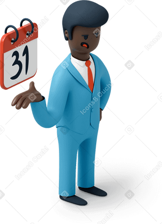 3D Black man in suit pointing at calendar PNG, SVG
