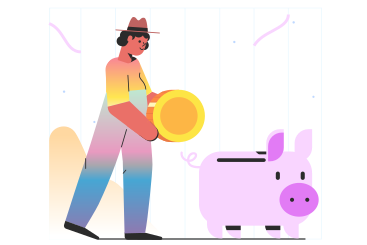Woman in hat putting a coin in a piggy bank PNG, SVG