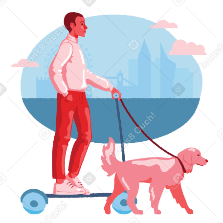 キックスクーターの男が犬を散歩 PNG、SVG