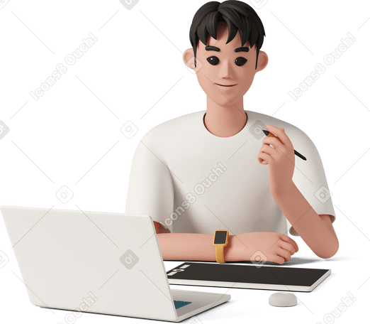 3D Молодой дизайнер-мужчина работает над планшетом для рисования с помощью стилуса в PNG, SVG