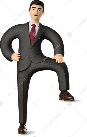 3D businessman in black suit leaning with one leg Illustration in PNG, SVG