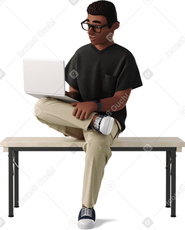 3D man sitting with laptop and working PNG, SVG
