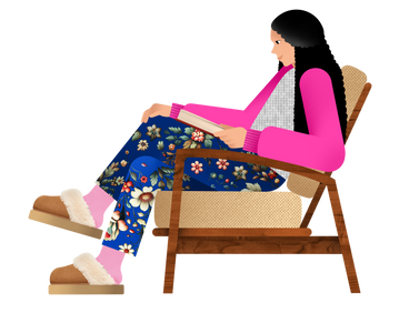 Young woman sitting in a chair and reading PNG, SVG