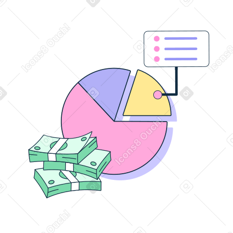 Pie chart with text and stacks of money PNG, SVG