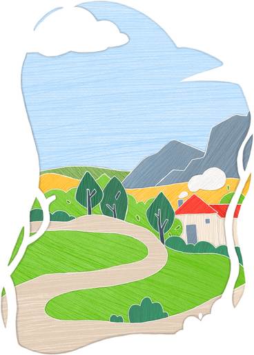 landscape with mountains, forest, house and green fields PNG, SVG