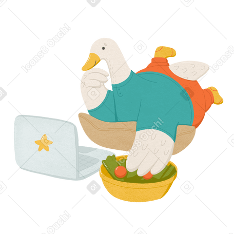 goose is lying on a pillow looking at a computer and eating snacks Illustration in PNG, SVG