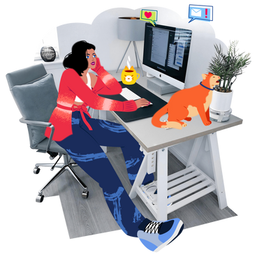 Young woman working at a computer from home PNG, SVG