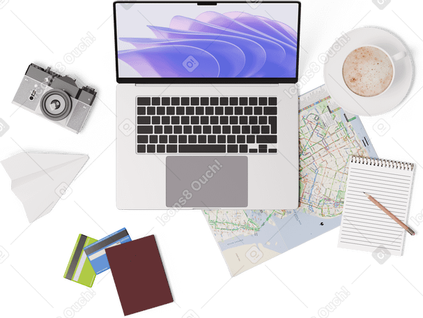 3D top view of laptop, map, camera, passport, credit cards and notebook PNG, SVG