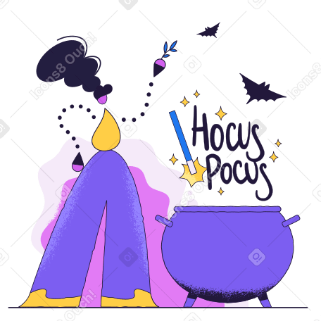 Hocus pocus lettering and witch making a potion PNG, SVG