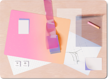 Top view of desk with papers and ribbon PNG, SVG