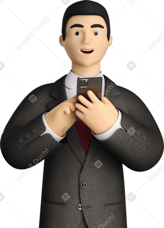 3D businessman in black suit with phone looking straight PNG, SVG