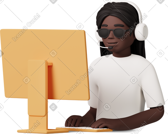 3D blind girl sitting in headset in front of computer PNG, SVG