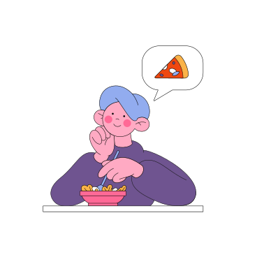 Guy eats a salad and dreams of pizza PNG, SVG