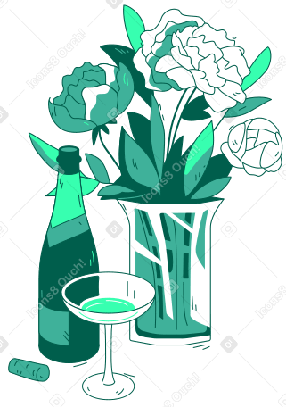 Botella de champán, copa y flores en florero. PNG, SVG