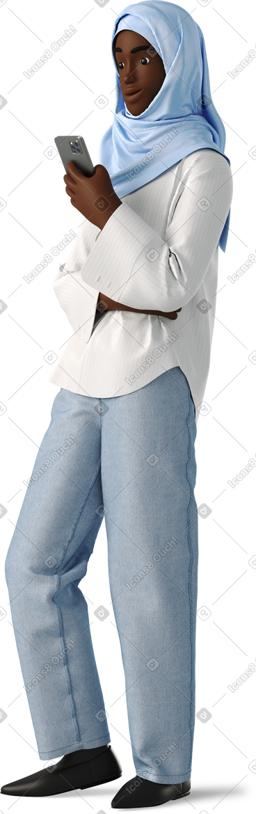 Young woman in hijab looking at the phone PNG, SVG