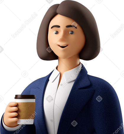 3D close up of businesswoman in blue suit with paper coffee cup PNG、SVG