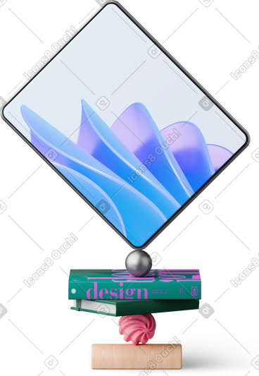 Tablet and books standing on ball PNG, SVG