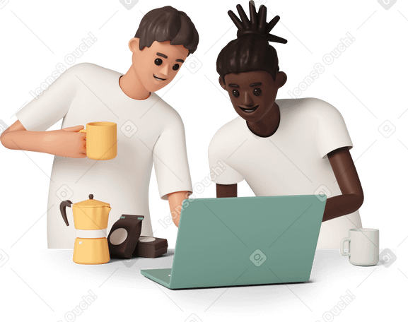 3D two men using laptop and drinking coffee в PNG, SVG