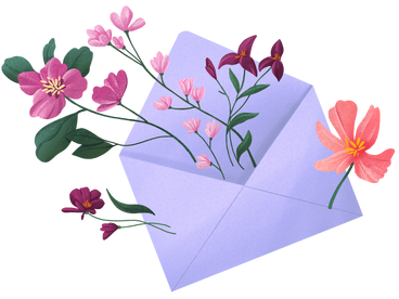 Lilac envelope with flowers flying out of it PNG, SVG