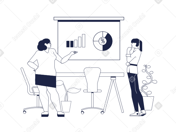 Коллеги-женщины обсуждают презентацию аналитики в PNG, SVG