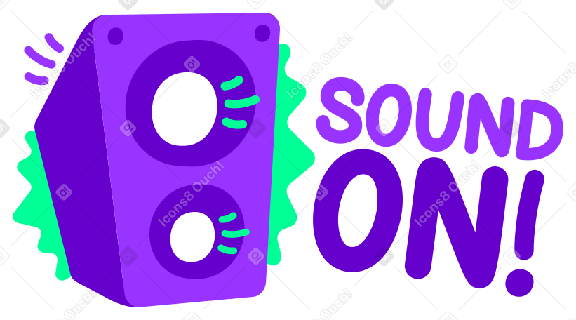lettering sticker sound on! with music speaker green violet Illustration in PNG, SVG