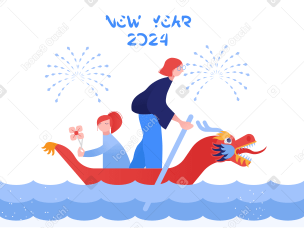 Две женщины празднуют 2024 год в китайской лодке-драконе в PNG, SVG