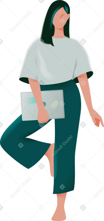 mujer joven de pie sobre una pierna sosteniendo una computadora portátil PNG, SVG