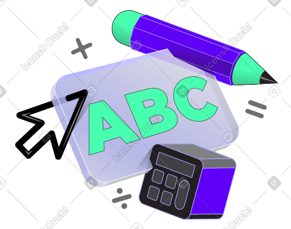 用铅笔、计算器和数学符号文本刻字 abc PNG, SVG