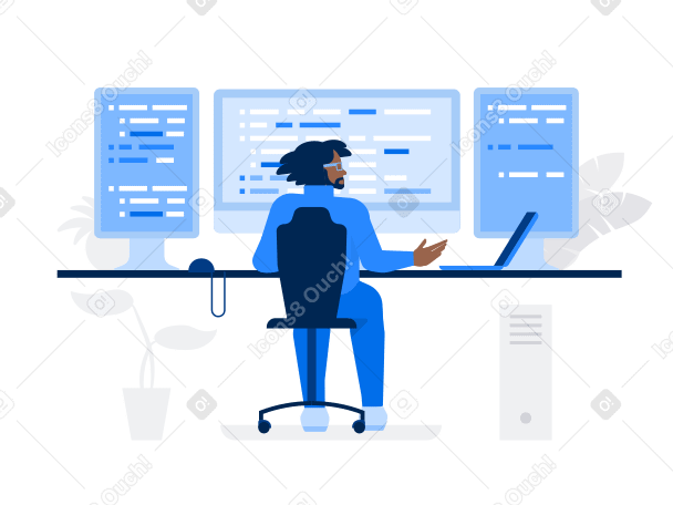 Male programmer working on three monitors view from back Illustration in PNG, SVG