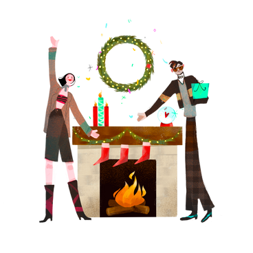 男人和女人在壁炉旁庆祝圣诞节 PNG, SVG