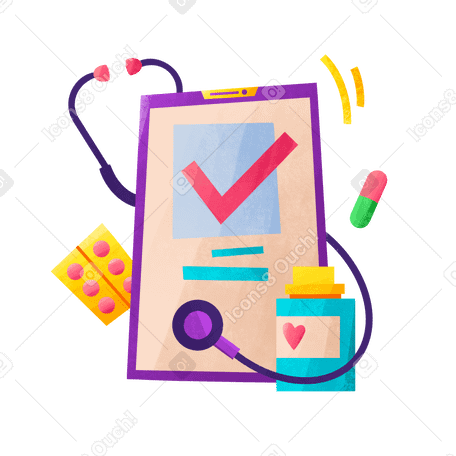 Phone with online medicine service, pills and stethoscope Illustration in PNG, SVG