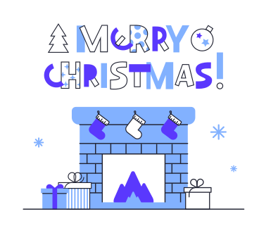 Merry Christmas text over the fireplace with presents and Christmas stockings PNG, SVG