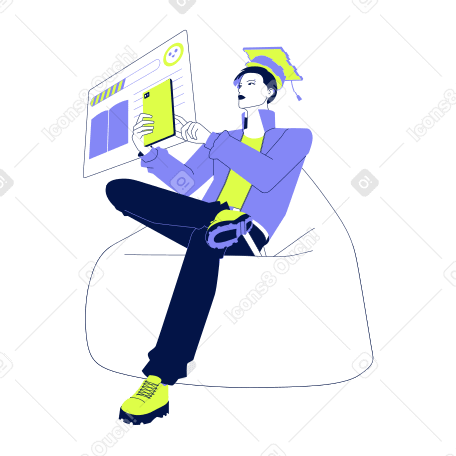 Молодой человек с планшетом учится онлайн в PNG, SVG