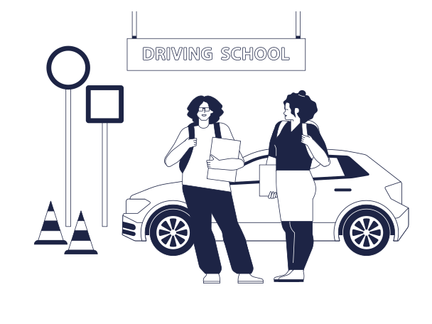 Two students on background of car and road signs from driving school Illustration in PNG, SVG