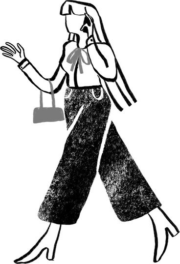 black and white long haired woman walking and talking on a phone PNG, SVG