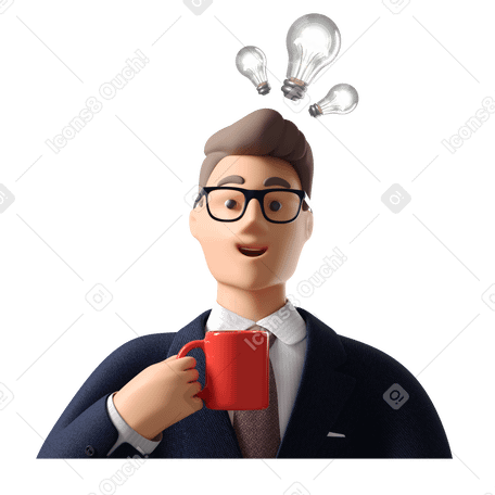 3D Businessman with a coffee mug got a new idea Illustration in PNG, SVG