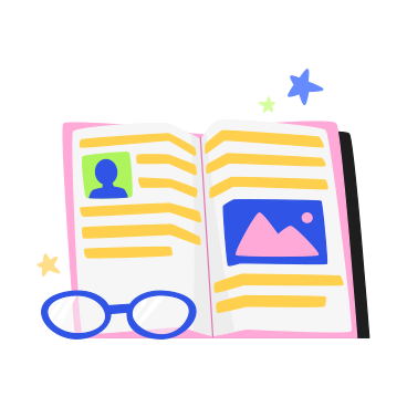 Open book, glasses and stars animated illustration in GIF, Lottie (JSON), AE