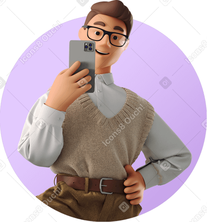 3D young man with a phone in his hands taking a selfie PNG, SVG