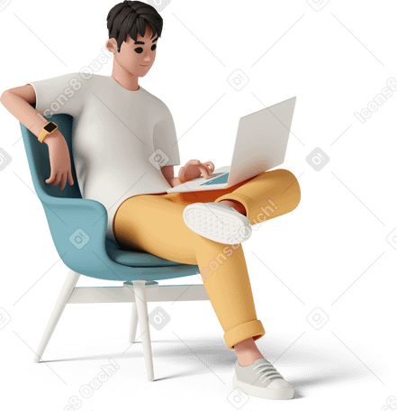 3D young man with laptop on chair Illustration in PNG, SVG
