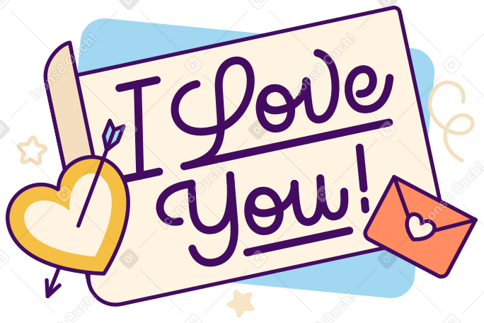 Lettering I Love You! with heart and envelope text PNG, SVG