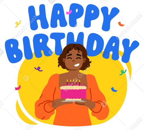 Happy birthday lettering above young woman with cake PNG, SVG
