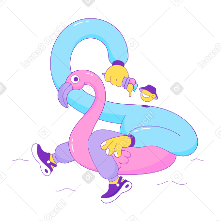 Ice cream guy floating on an inflatable pink flamingo Illustration in PNG, SVG