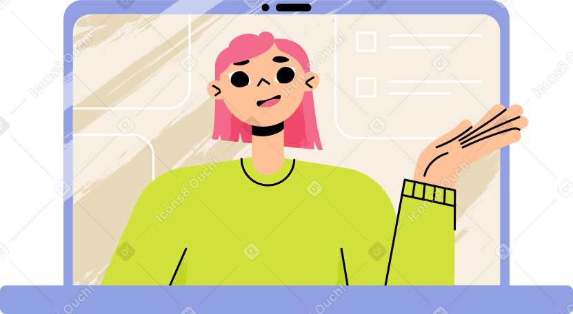girl waving from laptop Illustration in PNG, SVG