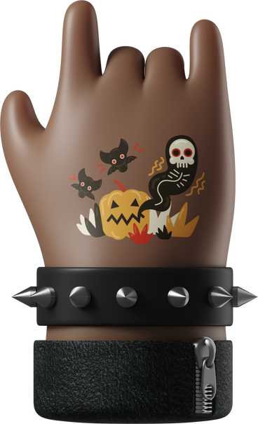 Mano de piel marrón oscura de rockero con un tatuaje que muestra el signo de rock PNG, SVG